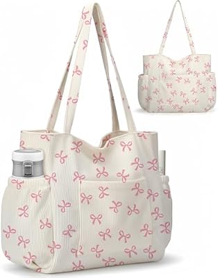 Corduroy Tote Bag for Women - Large Capacity Cute Laptop Tote with 6 Pockets, Pink Bows