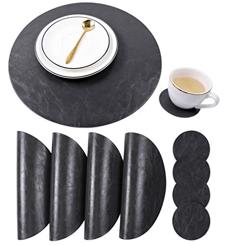 Set of 4 Embossed PU Leather Placemats and Coasters, 13''and 3.9'', Gray