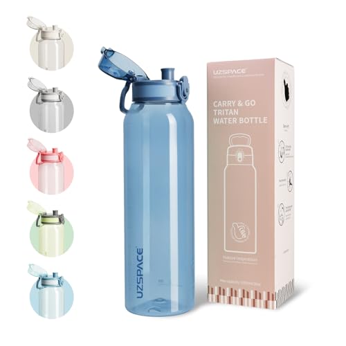 UZSPACE Trinkflasche Sport 1L, Tritan Bpa-Frei Trinkflasche Auslaufsicher mit Einhandbedienung, Kohlensäure Geeignet, Spülmaschinenfest, Wasserflasche für Gym Frauen Yoga, Schieferblau
