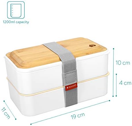 Navaris Bento Box - Leakproof 2 Tier Bento Lunch Box with 3 Piece Cutlery and Bamboo Lid for On-The-Go, Meal Prep, Snack Packing - White