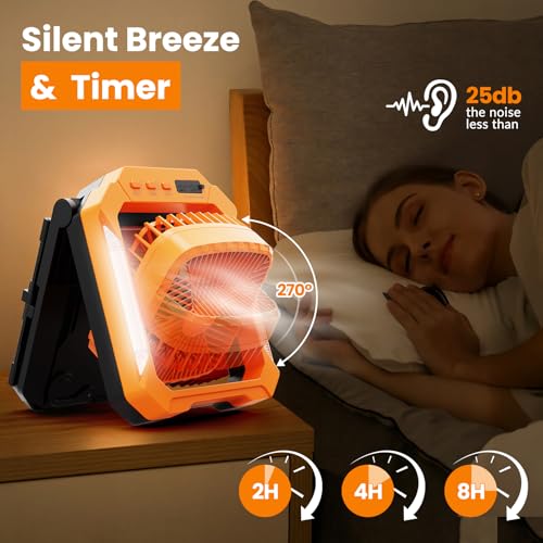 26800mAh Portable Fan Rechargeable with 18W Detachable Solar Panel, Quiet Battery Powered Camping Fan Cordless with LED Lantern,3 Speed,Timer,USB-C,for Bedroom Tent Home Office Desk Hurricane(Orange) by Qardoz - Image 8