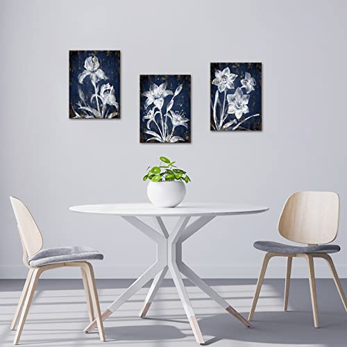 Derkymo 3 Pieces Vintage Flower Canvas Wall Art Navy Blue Painting Prints Framed Ready To Hang 12"X16"X3Pcs (Blue) #TOP2
