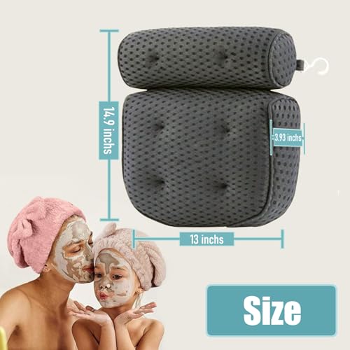 Badewannenkissen aus weichem Memory-Schaum, rutschfest, für Nacken und Rücken, mit 4D-Belüftung und 6 Bechern, Grau (Grau)