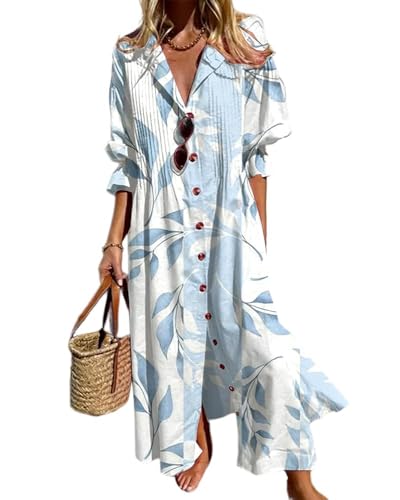 Women's Boho Floral Maxi Dresses Ruffled Half Sleeve V-Neck Button Down Shirt Dresses for Women Colorful Flowy Sundress