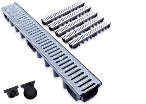 Durabern Entwässerungsrinne Set - 98 mm Ablaufrinne aus verzinktem Stahl, PKW-befahrbar, für Garten, Hof & Terrasse, inkl. 2 Ablaufstutzen (DN 110, DN 50) (5 m) Durabern Entwässerungsrinne Set - 98 mm Ablaufrinne aus verzinktem Stahl, PKW-befahrbar, für Garten, Hof & Terrasse, inkl. 2 Ablaufstutzen (DN 110, DN 50) (5 m)
