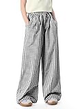 Girls Gingham Pants Kids Casual Elastic High Waist Plaid Trousers with Pockets 5-14 Years Black