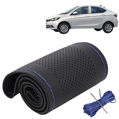 Image of KINGSWAY PU Leatherite Car Steering Cover Sewable Compatible with Tata Tigor EV (Year 2019 Onwards), Black Color with Blue Thread, Pack of 1 with Sewing Needle and Thread