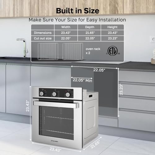 Image of 24 inch Electric Wall Oven, ETL Certified, ThermoMate 2.8 Cu.ft. Electric Wall Oven with 5 Cooking Functions, Built-in Ovens with Anti-Mistouch Knob, Stainless Steel
