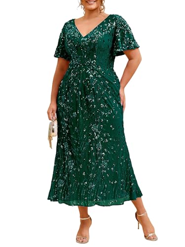 Image of Ever-Pretty Plus Women's Sequin V Neck Plus Size Prom Dress Mermaid Formal Cocktail Evening Dresses for Curvy Women