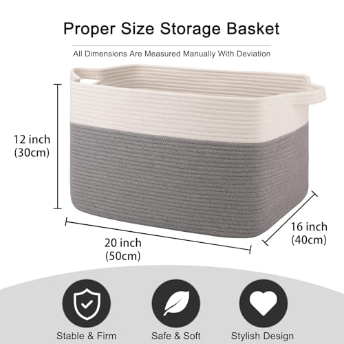 Image of OIAHOMY Large Blanket Basket, 65L Cotton Rope Woven Laundry Basket, Toy Bin for Baby Room, Container for Blanket Storage in Living Room, 20''x16''x12'', Grey & White