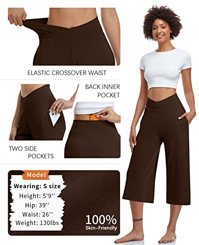 Image of TARSE Womens Casual Wide Leg Yoga Capris Crossover High Waist Capri Pants Loose Soft Pajama Pockets Sweatpants