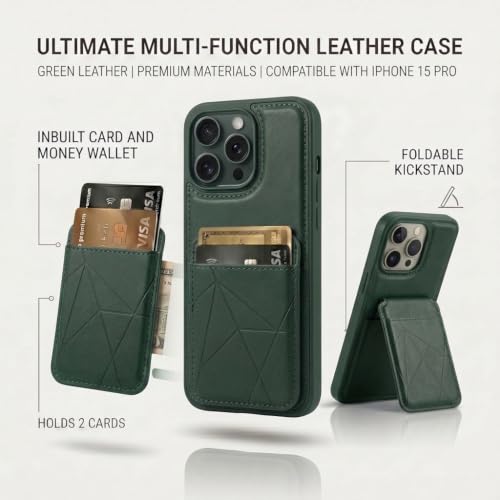 Image of amazon basics Premium Vegan Leather Back Cover with Card Holder and Integrated Mobile Stand for iPhone 15 Pro - Slim Shockproof Wallet Case with Geometric Stitching [Green]