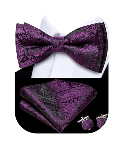 Image of Hi-Tie Bow Ties for Men Pre-Tied Pocket Square with Cufflinks Mens Bowtie Sets for Wedding Formal Party