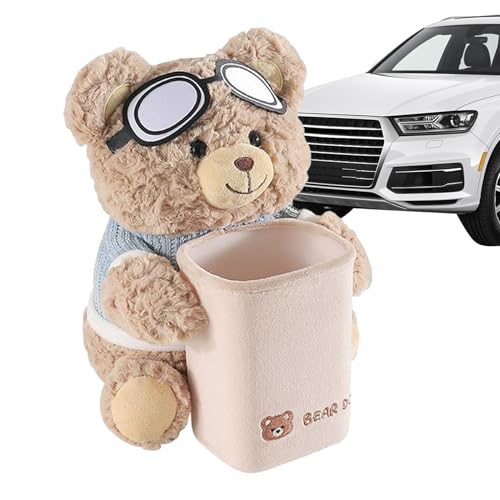 Porta pañuelos para automóvil - Caja de felpa de oso de dibujos animados 2 en 1, bote de basura para reposabrazos de vehículo, organizador decorativo suave, linda solución de almacenamiento para autom