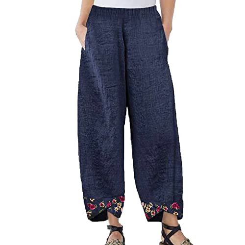 Maiyifu-GJ Women's Printed Linen Wide Leg Pants Summer Elastic Waist Beach Harem Trousers Lightweight Cropped Bottoms Pants (Dark Blue,XX-Large)