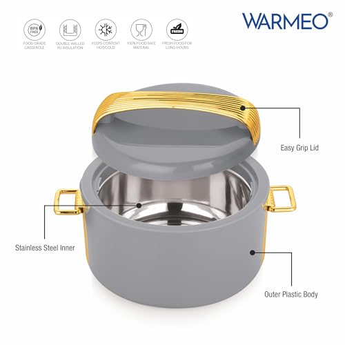 Image of WARMEO Majestic Inner Stainless Steel Casserole 2500ml Grey | PU Insulated | BPA Free | Food Grade | Easy to Carry | Easy to Store | Chapati | Roti | Curd Maker