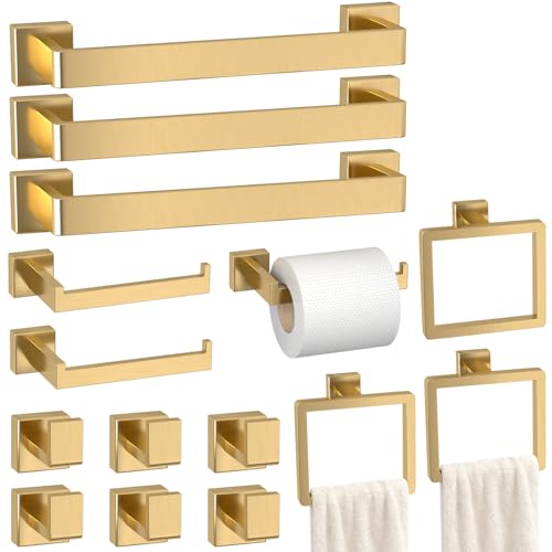 Image of 15-Pieces Gold Bathroom Accessories Set, 16 Inch Towel Bar Set | Stainless Steel, Towel Ring, Toilet Paper Holder, Robe Hooks, Towel Racks for Bathroom Wall Mounted, Bathroom Hardware Set