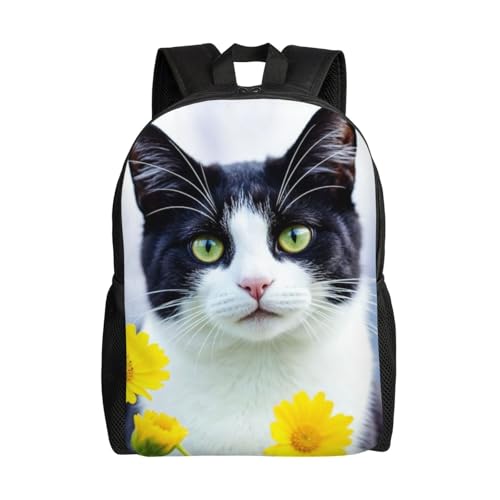 High Capacity Tuxedo Cat Surrounded by Yellow Flowers Backpack Large Multipurpose Bag Double Zipper Backpack Unisex 16 Inch