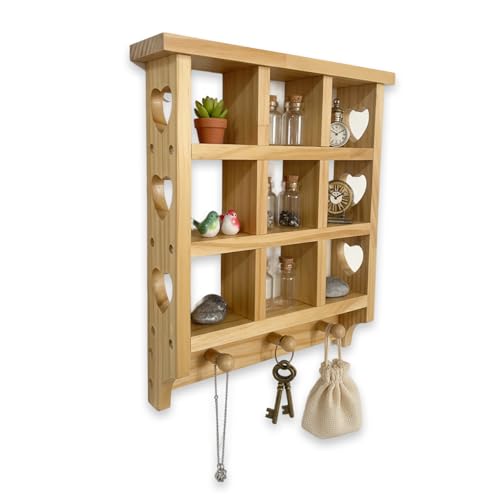 liwupro Wooden Heart Trinket Shelf for Wall 14 x 12 inch Floating Shelf with Hearts and Pegs 9 Openings Heart Wall Shelf for Indoor Suitable for Displaying Interesting Gadgets