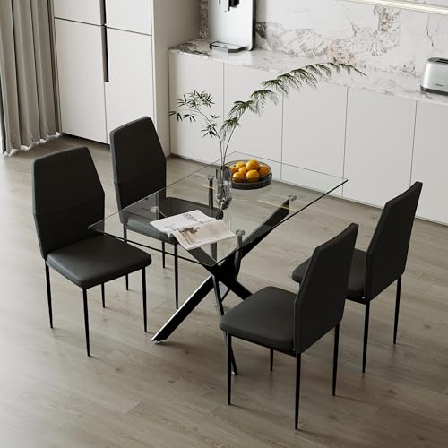 GOLDFAN Essgruppe Glas Esstisch mit 4 Stühlen Set Rechteckiger...