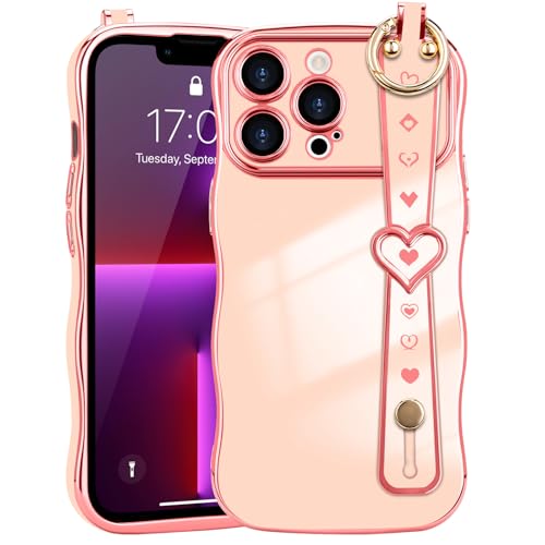 LLZ.COQUE for iPhone 13 Pro Max Case with Strap Wave Frame, Pink