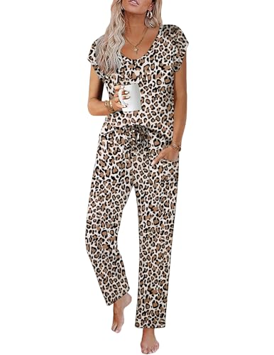 Image of Ekouaer Womens Pajama Sets Short Sleeve Sleepwear Tops and Long Pants V Neck Pjs 2 Piece Lounge Set with Pockets S-XXL