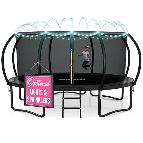 Image of JoyBerri Upsurge Trampoline Outdoor - ASTM Certified Safe 8Ft 10Ft 12Ft 14Ft 15Ft 16Ft Recreational Trampoline for Kids and Adults. Anti-Rust Coating with Enclosure Net, Ladder, Sprinkler & LED Lights