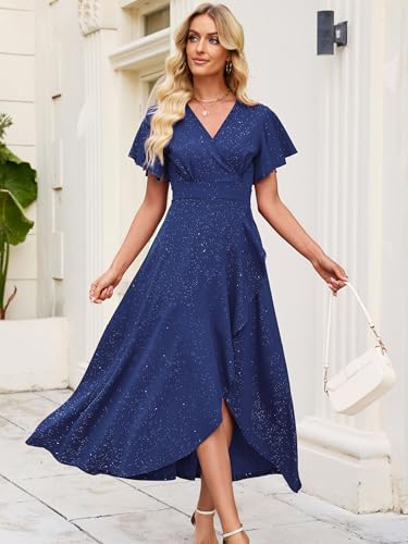 Image of Long Black Formal Dresses for Women Gowns Evening Party Cocktail Dress,Split Elegant V Neck Wrap Ruffle Wedding Guest Dresses