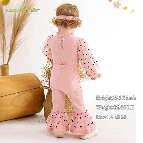 Younger Tree Newborn Baby Girl Clothes Floral Romper Top Flared Pant Set Bell Bottom Long Sleeve Infant Bodysuit Fall Winter Outfits 0-18M (Pink, 3-6 Months) #TOP2