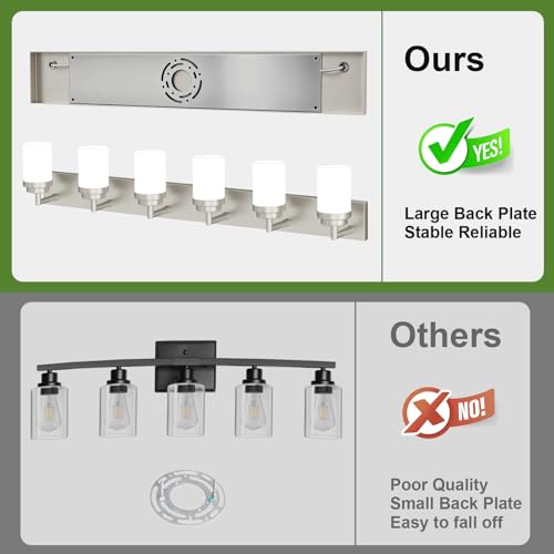 Image of Bathroom Light Fixtures, Brushed Nickel Bathroom Lighting Fixtures Over Mirror, Modern Vanity Light with White Glass Shade, Restroom Lighting Fixtures, 6-Light 46-inch