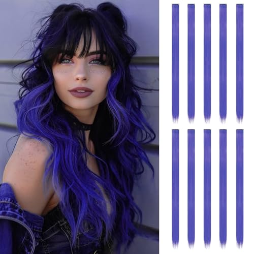 10 Stück Haarsträhnen zum Einklipsen | 55 cm Farbige Clip in Extensions | Langes glattes Bunte Haarsträhnen Kinder | Haarschmuck Mädchen (Dunkelblau)
