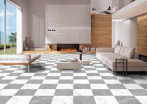 Oxdigi PVC Bodenbelag Selbstklebende 6 m², Marmoroptik Vinylboden Bodenfliesen für Eingangstür, Wohnzimmer, Küche, Abstellraum, Zuschneidbar Vinyl-Fußböden 0,6 x 10 m Grau Weiß Schachbrettmuste