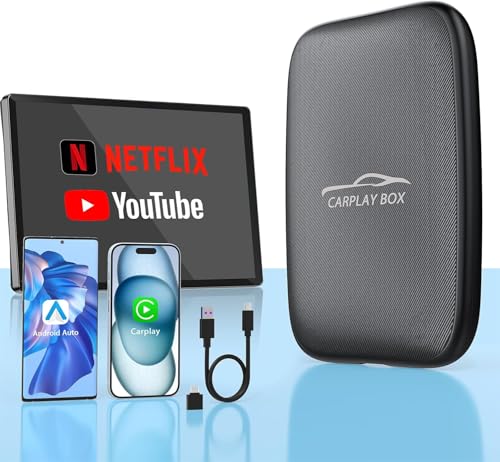 2026 New Wireless CarPlay Adapter Support Netflix/YouTube/TF 5-in-1 Android Auto & Carplay Adapter with USB-A and USB-C Cables Convert Wired to Wireless Apple Dongle Video Box Car Play for iOS 10+