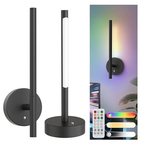 Image of L LOHAS LED Battery Operated Wall Sconces & Table Lamp Set of 2, 10000mAh Rechargeable Battery Wall Light with App Control, 3CCT Dimmable & DIY RGB, No Wiring Modern Sconce Wall Decor, Black