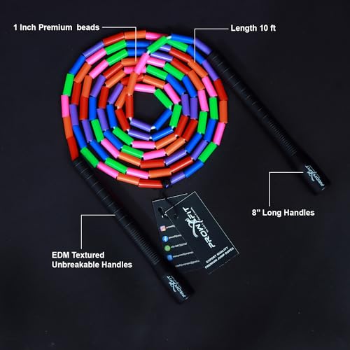 Image of Freestyle Unbreakable Long Handle Soft Shatterproof Beads 1Inch Beaded Jump Rope, Skipping Rope Adult. (10 Ft) (Rainbow - Black Handle)