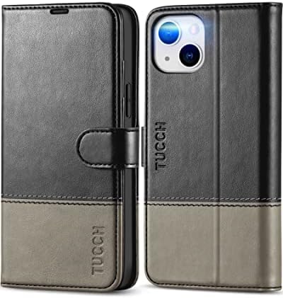 TUCCH Wallet Case for iPhone 14 Plus 5G, [RFID Blocking] Card Slot Holder Stand [Shockproof TPU Interior Case] PU Leather Magnetic Protective Flip Cover Compatible with iPhone 14 Plus 6.7", Black&Grey