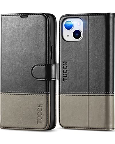 Tucch Wallet Case For Iphone 14 Plus 5G, [Rfid Blocking] Card Slot Holder Stand [Shockproof Tpu Interior Case] Pu Leather Magnetic Protective Flip Cover Compatible With Iphone 14 Plus 6.7", Black&Grey #TOP7