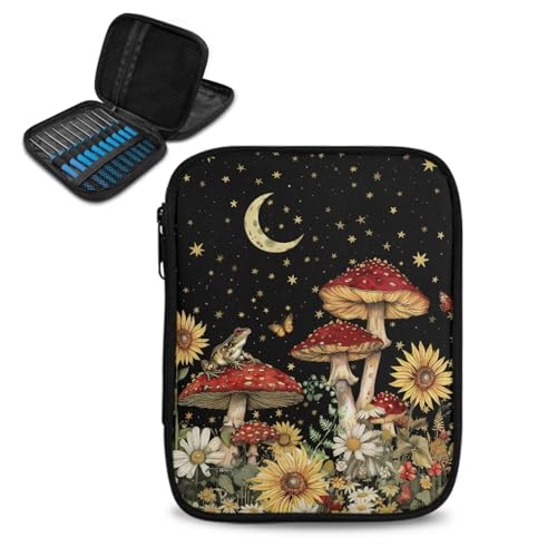 Uorisanigo Crochet Hook Storage Case Bag Empty Sunflower Mushroom Crochet Hook Zipper Organizer Bag with Web Pockets for Circular Needles Knitting Accessories Traveling Crochet Tools Case