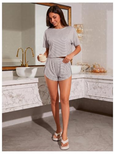 Image of OYOANGLE Womens Pajama Sets 2 Piece Sexy Lounge Sets Summer Cute Pjs Striped Print Tee and Side Split Shorts Set