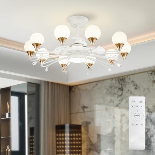 Depuley White Chandelier Ceiling Fan: 39.4" Sputnik Fandelier with Milky Globe Lampshades for Living Room - 10-Lights Fan Chandelier with Remote for Bedroom - Sputnik Fan Light Modern