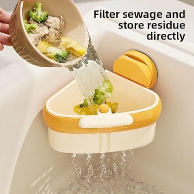 Curetoaway Suction Cup Sink Corner Rack, Curetoaway Sponge Holder for Kitchen Sink, Triangular Sinks Basket Shelf Automatic Dumping, Plastic Sinks Storage Rack Holder (Yellow)