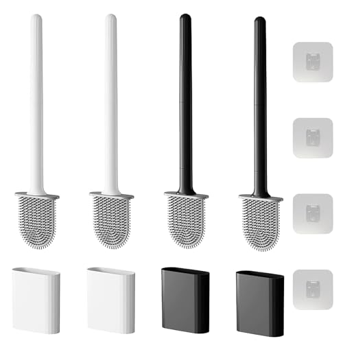 Image of Toilet Bowl Brush and Holder Set, Flexible Silicone Bristles with Detachable Handle, Compact RV and Bathroom Toilet Brush (2 black 2 white)