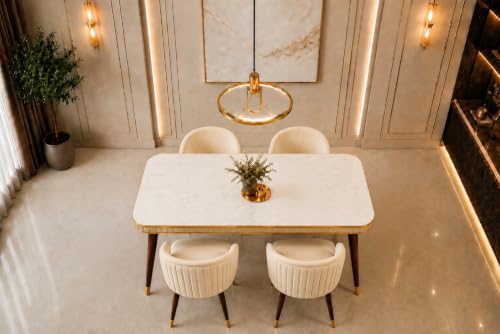 Image of WOODEN SPACE Majestic 4 Seater Wooden Dining Table Set | Urban Marble Top Dining Table with Chairs for Dining Room & Kitchen (Majestic Classic Backline Beige) (54 x 36 x 30 inch)