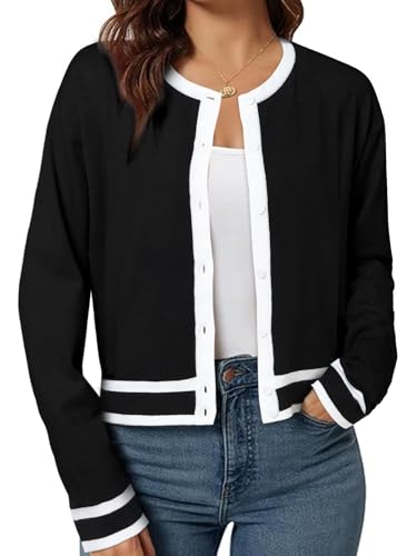 ZANZEA Cropped Cardigan Sweaters for Women Color Block Lightweight Bolero Shrug Button Down Long Sleeve Tops Fall Outfits