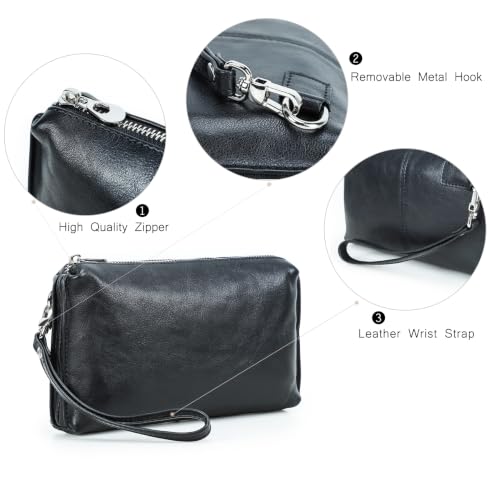 Image of Top Grain Genuine Leather Clutch Wallet with Wristlet for Man & Woman, Handmade Simple Retro Vintage Design, Multi Pockets & Card Slots, RFID Large Capacity for Cards /ID /Checks /Banknote /Phone, Black