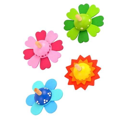 VANZACK 4Pcs Flower Shape Wooden Gyros Educational Recognition Plaything for Rotating Fun Parent Activity Present for Boys