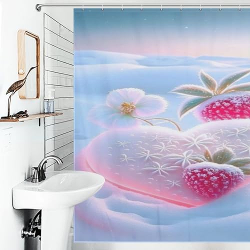 Rideau de douche fraise lavable en polyester imperméable équipé de 12 crochets