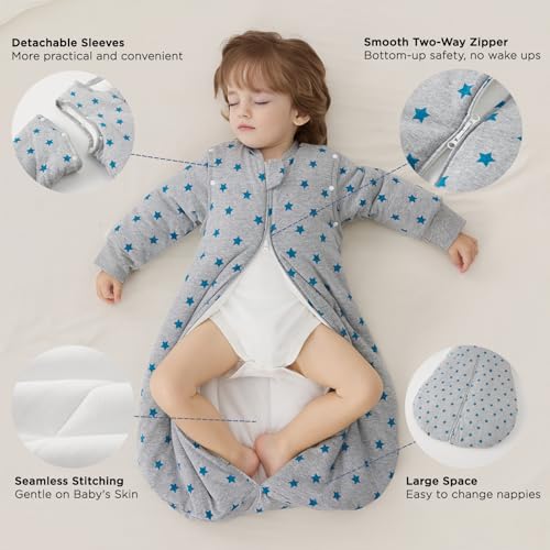 Image of Duomiaomiao 3.5 TOG Baby Sleep Sack 100% Cotton Winter Long Sleeve Baby Wearable Blanket, Super Warm Quilted Comfy Toddler Sleeping Bag