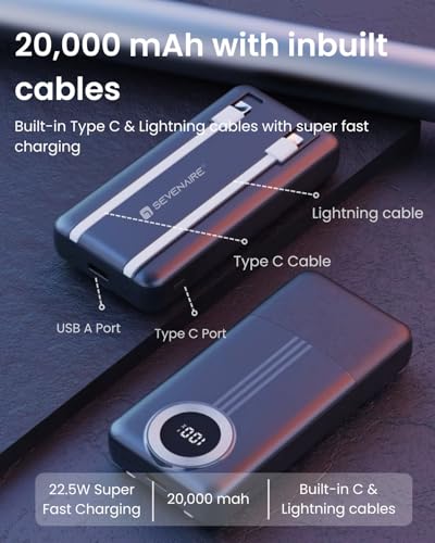 SEVENAIRE Power Bank 20000mAh | 22.5W Super Fast Charging PD | QC 3.0| Built-in Type C & Lighting Cables | Battery Display| Power Bank for iPhone, Samsung, Pixels, Type C PD Input/Output (P200 Black) - Image 4