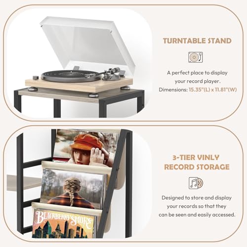 Bikoney Record Player Stand, Guitar Stand for Acoustic, Electric Guitar, Bass with Amp Stand, 3-Tier Vinyl Record Storage, Record Holder, Record Player Table for Living Room Bedroom White
